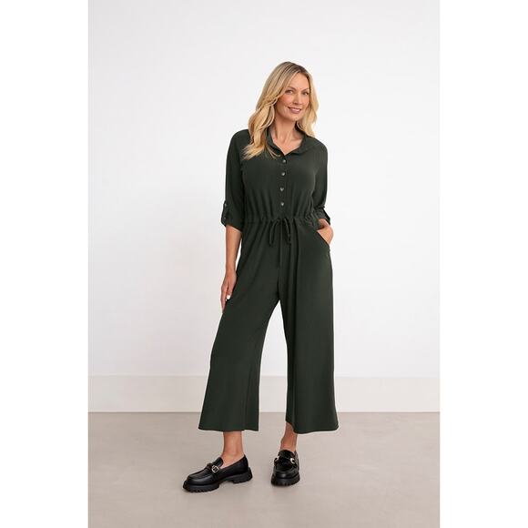 NWT Sympli Safari Jumpsuit Elbow Sleeve Seaweed Green 14‎ Jersey Knit Travel